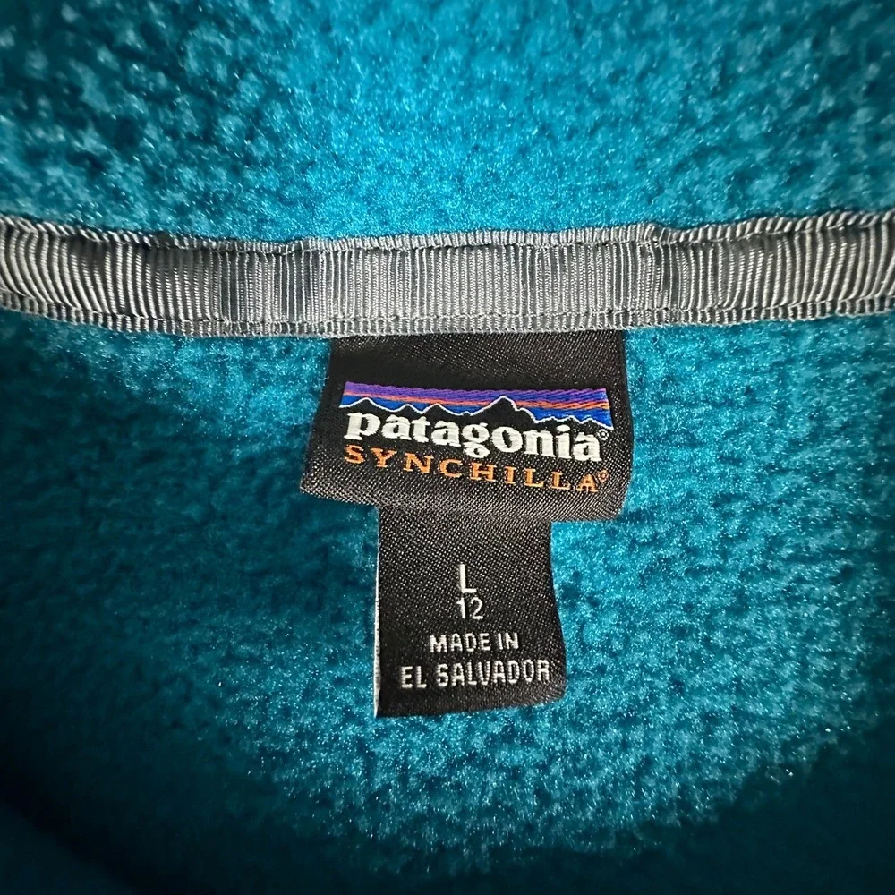 Patagonia Synchilla Snap-T Fleece Size Large Blue Teal Yellow Kids Pullover B4